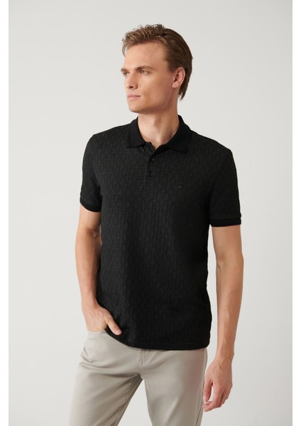 Erkek Siyah 3 Düğmeli Jakarlı Polo Yaka T-shirt A41y1051