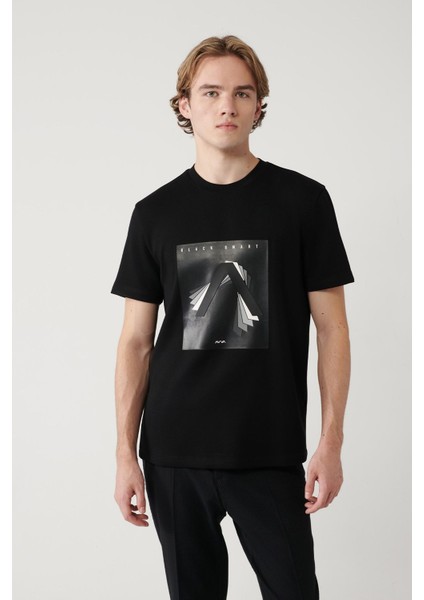 Erkek Siyah Bisiklet Yaka Baskılı Interlok T-shirt A41y1008