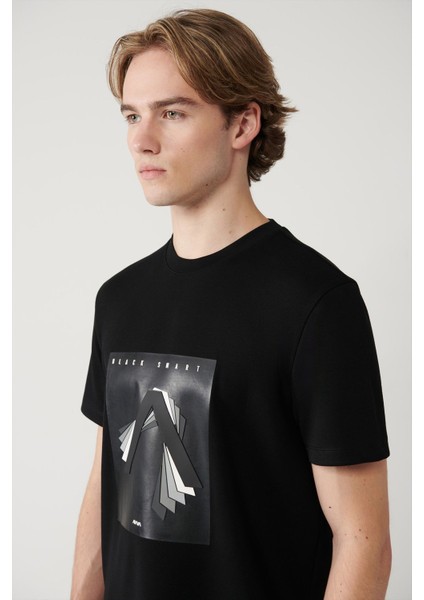 Erkek Siyah Bisiklet Yaka Baskılı Interlok T-shirt A41y1008 fiyatları
