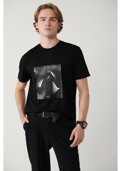 Erkek Siyah Bisiklet Yaka Baskılı Interlok T-shirt A41y1008 modelleri