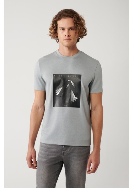 Erkek Gri Bisiklet Yaka Baskılı Interlok T-shirt A41y1008