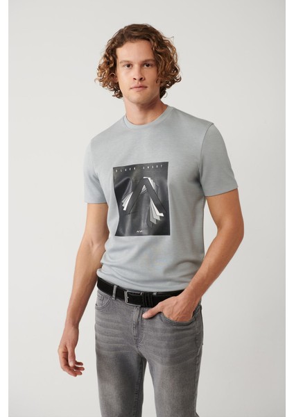 Erkek Gri Bisiklet Yaka Baskılı Interlok T-shirt A41y1008 indirimleri