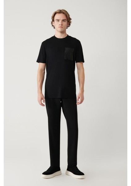 Erkek Siyah Bisiklet Yaka Baskılı Soft Touch T-shirt A41y1010