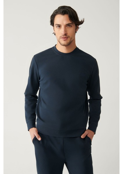 Erkek Lacivert Bisiklet Yaka Interlok Baskılı Sweatshirt A41y1203 modelleri