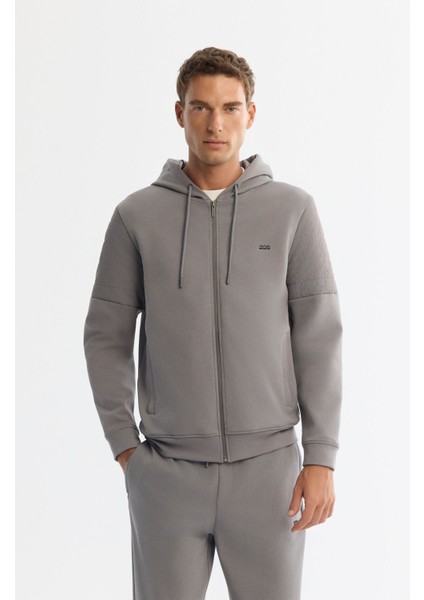 Erkek Gri Kapüşonlu Pamuklu Fermuarlı Elastan Sweatshirt A42Y1264