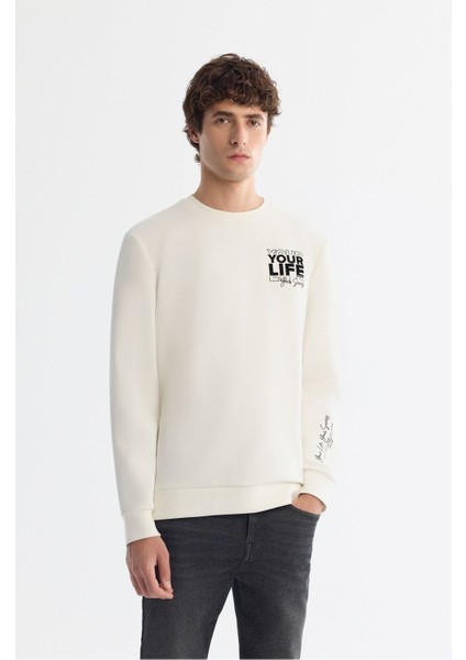 Erkek Ekru Bisiklet Yaka Pamuklu Baskılı Elastan Sweatshirt A42Y1206