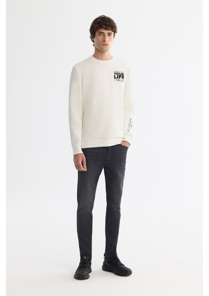 Erkek Ekru Bisiklet Yaka Pamuklu Baskılı Elastan Sweatshirt A42Y1206 indirimleri