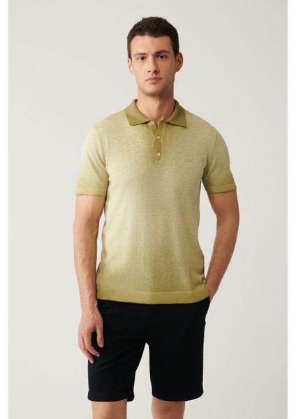 Erkek Açık Haki 3 Düğmeli Boya Efektli Polo Yaka Triko T-shirt A41y5114