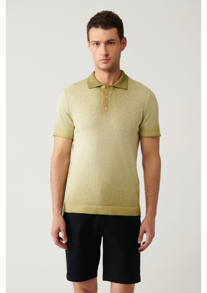 Erkek Açık Haki 3 Düğmeli Boya Efektli Polo Yaka Triko T-shirt A41y5114 modelleri