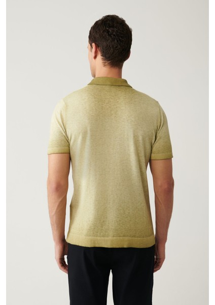 Erkek Açık Haki 3 Düğmeli Boya Efektli Polo Yaka Triko T-shirt A41y5114 fırsatları