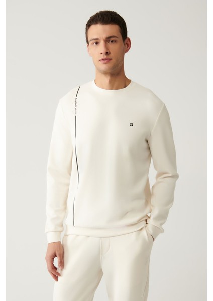 Erkek Ekru Bisiklet Yaka Baskılı Soft Touch Sweatshirt A41y1224