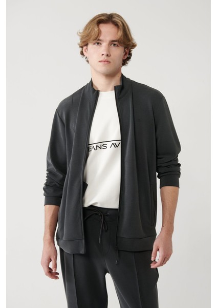 Erkek Antrasit Dik Yaka Baskılı Soft Touch Baskılı Sweatshirt A41y1225