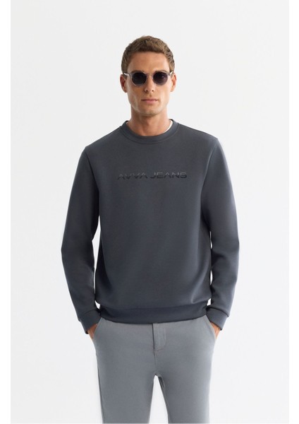Erkek Antrasit Bisiklet Yaka Pamuklu Baskılı Elastan Sweatshirt A42y1221