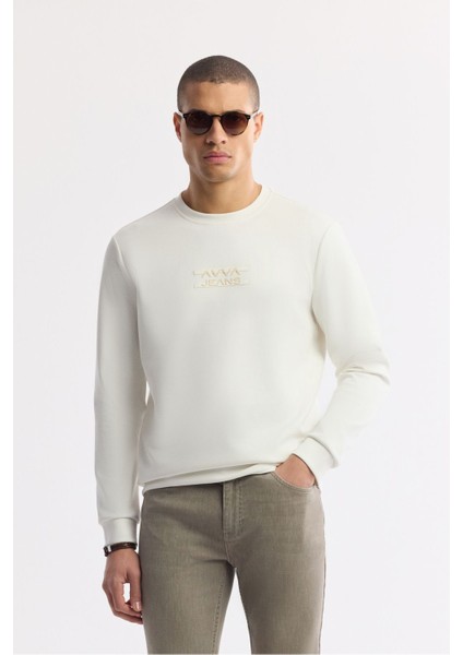Erkek Ekru Bisiklet Yaka Baskılı Bi Stretch Interlok Sweatshirt A51y1204