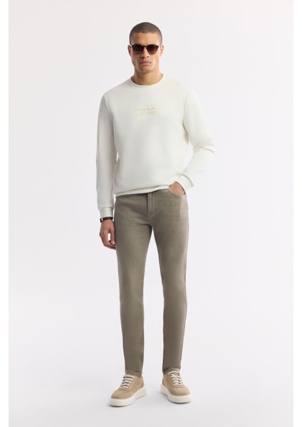 Erkek Ekru Bisiklet Yaka Baskılı Bi Stretch Interlok Sweatshirt A51y1204