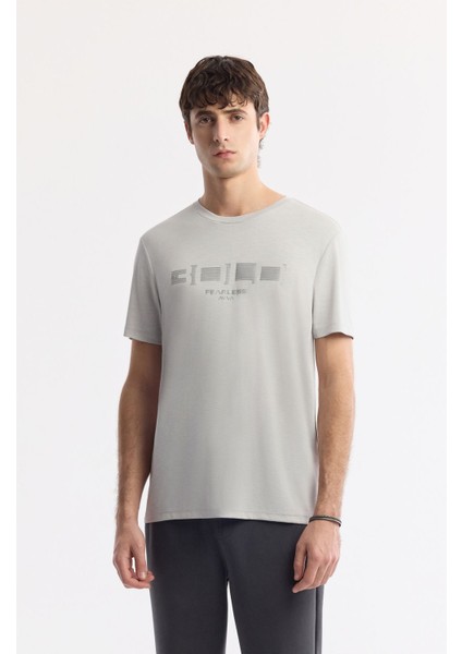Erkek Açık Gri Bisiklet Yaka Baskılı Shoft Touch Flamlı T-Shirt A51Y1138
