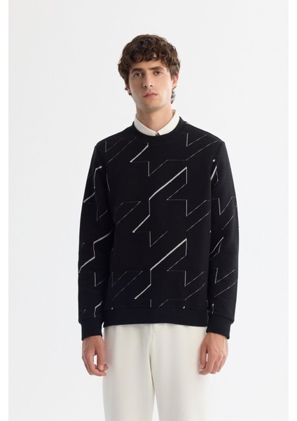 Erkek Siyah Bisiklet Yaka Pamuklu Baskılı Sweatshirt A42Y1375