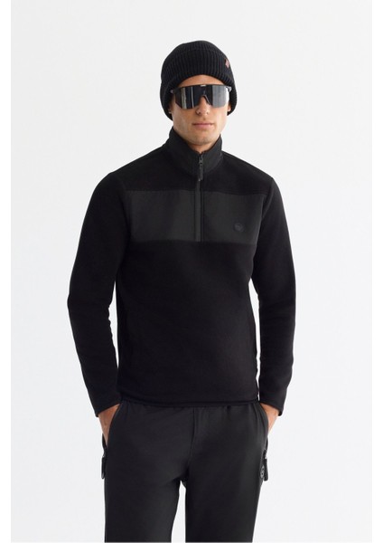 Erkek Siyah Soğuğa Dayanıklı Fermuarlı Dik Yaka Polar Sweatshirt A42y1380