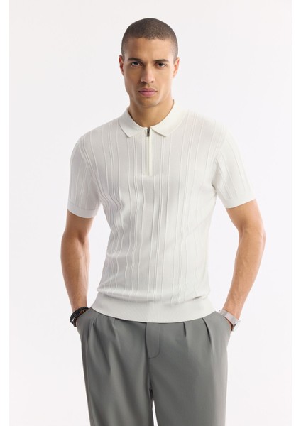 Erkek Ekru Polo Yaka Fermuarlı Fitil Örgü Detaylı Rayon Triko T-shirt A51Y5046