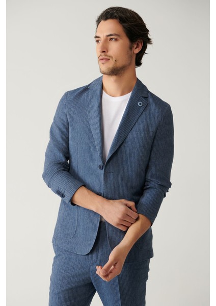 Erkek Mavi Astarsız Linen Touch Takım Elbise Ceketi A41Y4060