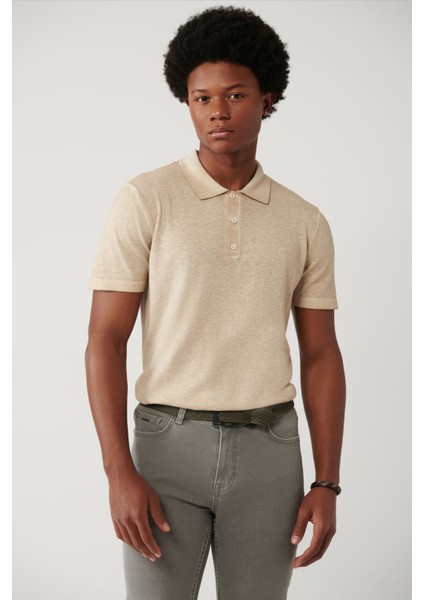 Erkek Bej 3 Düğmeli Garment Dyed Polo Yaka Triko T-Shirt A41Y5067
