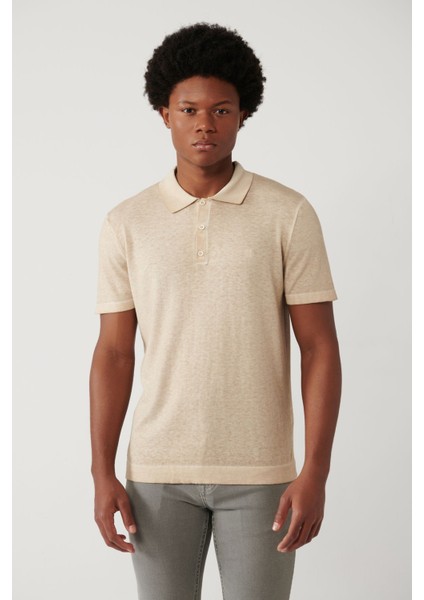 Erkek Bej 3 Düğmeli Garment Dyed Polo Yaka Triko T-Shirt A41Y5067 modelleri