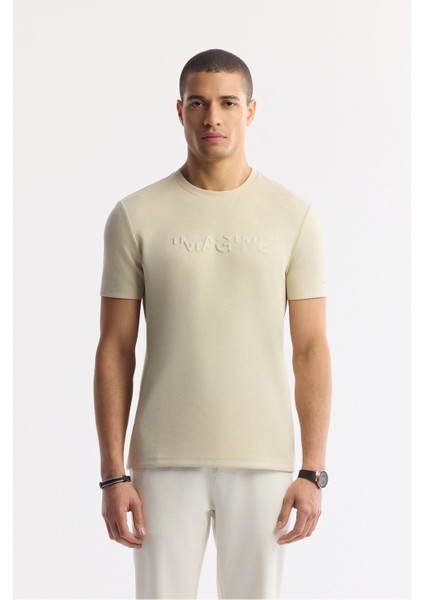 Erkek Bej Bisiklet Yaka Jakarlı T-shirt A41y1167