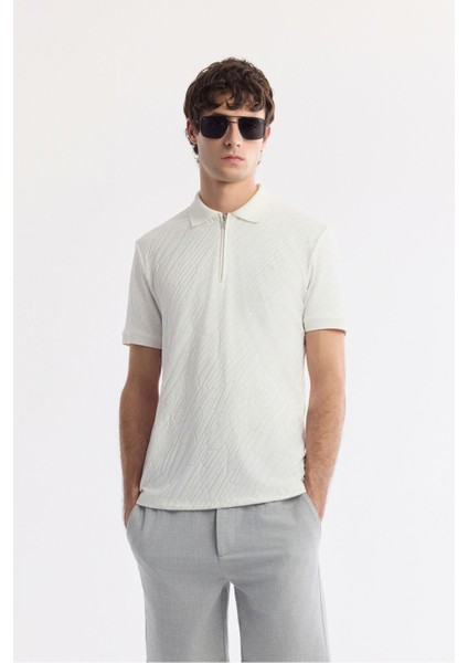 Erkek Beyaz Fermuarlı Polo Yaka Jakarlı T-Shirt A51Y1090