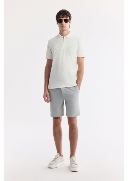 Erkek Beyaz Fermuarlı Polo Yaka Jakarlı T-Shirt A51Y1090