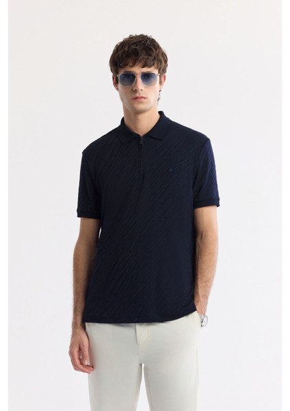 Erkek Lacivert Fermuarlı Polo Yaka Jakarlı T-Shirt A51Y1090