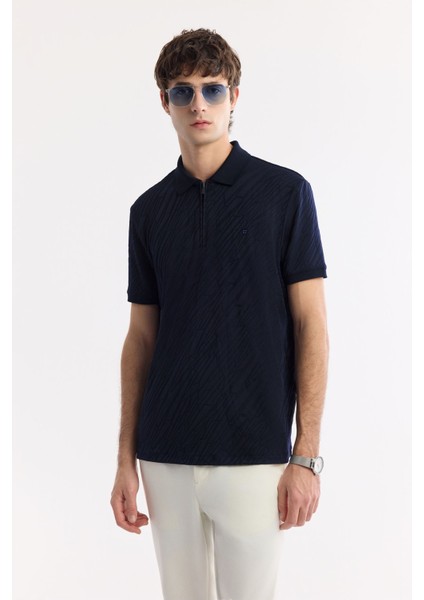 Erkek Lacivert Fermuarlı Polo Yaka Jakarlı T-Shirt A51Y1090 indirimleri