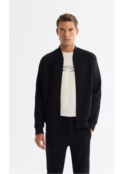 Erkek Siyah Dik Yaka Fermuarlı Pamuklu Baskılı Sweatshirt A42Y1315