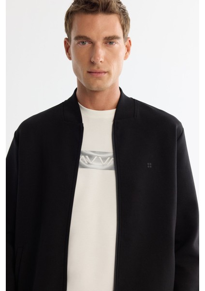 Erkek Siyah Dik Yaka Fermuarlı Pamuklu Baskılı Sweatshirt A42Y1315