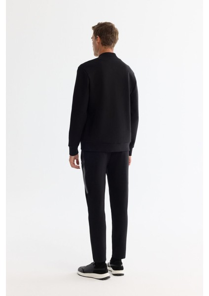 Erkek Siyah Dik Yaka Fermuarlı Pamuklu Baskılı Sweatshirt A42Y1315