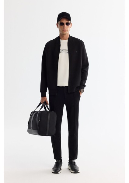 Erkek Siyah Dik Yaka Fermuarlı Pamuklu Baskılı Sweatshirt A42Y1315