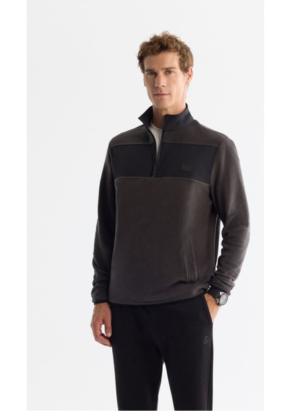 Erkek Antrasit Soğuğa Dayanıklı Fermuarlı Dik Yaka Polar Sweatshirt A42y1380