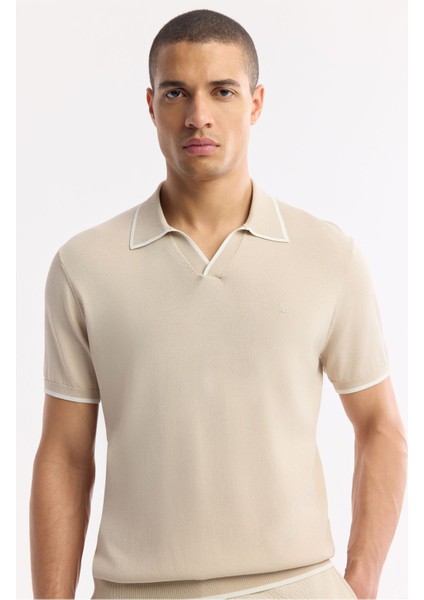 Erkek Bej Düğmesiz Polo Yaka Kol ve Yaka Çizgi Detaylı Rayon Triko T-shirt A51Y5056 fiyatları