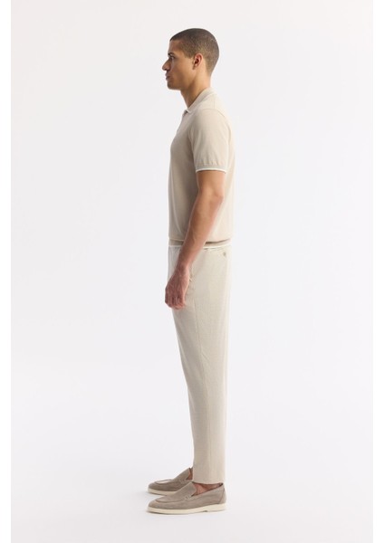 Erkek Bej Düğmesiz Polo Yaka Kol ve Yaka Çizgi Detaylı Rayon Triko T-shirt A51Y5056 modelleri
