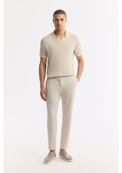 Erkek Bej Düğmesiz Polo Yaka Kol ve Yaka Çizgi Detaylı Rayon Triko T-shirt A51Y5056