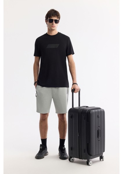 Erkek Siyah Bisiklet Yaka Hareketli Hologram Baskılı Shoft Touch T-Shirt A51Y1031