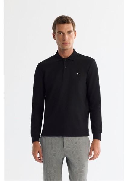 Erkek Siyah 2 Düğmeli Pamuklu Polo Yaka Sweatshirt B001080