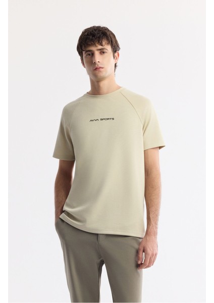 Erkek Bej Bisiklet Yaka Baskılı T-shirt A41y1168