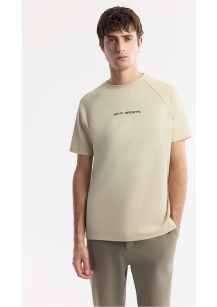 Erkek Bej Bisiklet Yaka Baskılı T-shirt A41y1168