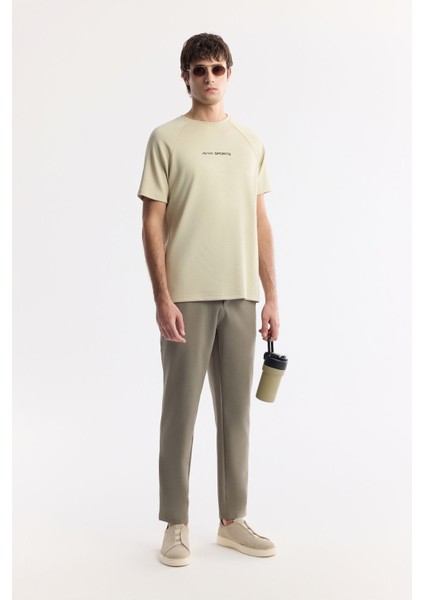 Erkek Bej Bisiklet Yaka Baskılı T-shirt A41y1168