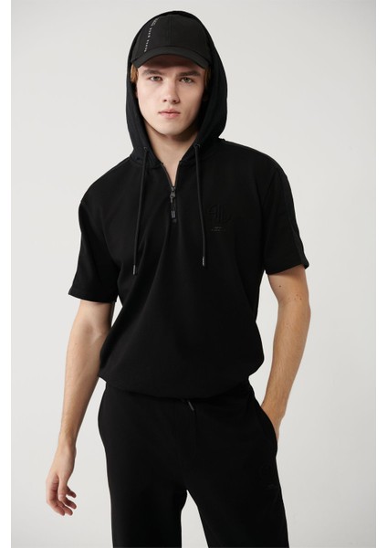Erkek Siyah Kapüşonlu Jersey Garnili T-shirt A41y1233