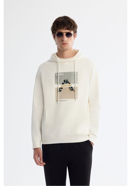 Erkek Ekru Kapüşonlu Pamuklu Baskılı Elastan Sweatshirt A42Y1321