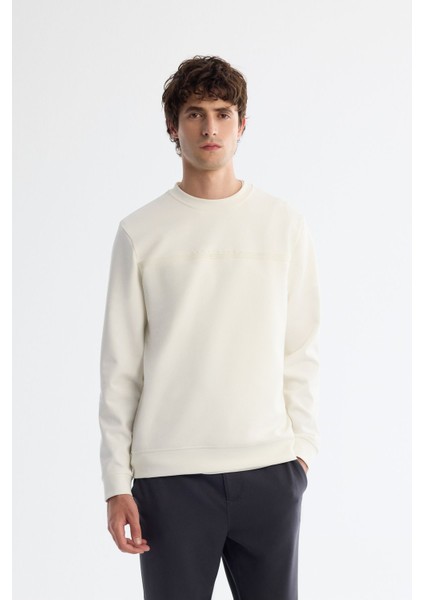 Erkek Ekru Bisiklet Yaka Pamuklu Baskılı Elastan Sweatshirt A42y1267