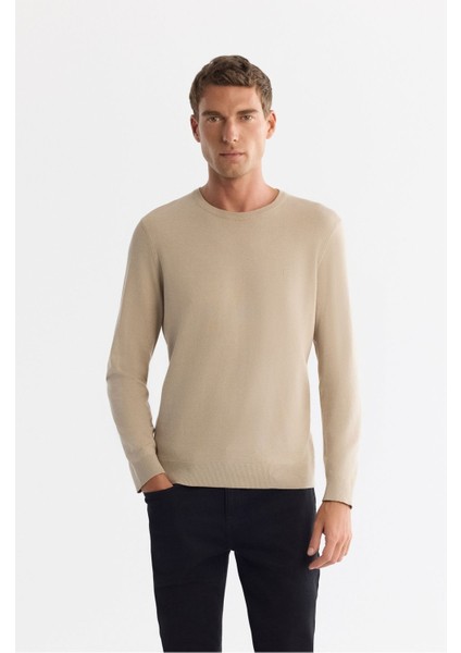 Erkek Bej Regular Fit Viskon Bisiklet Yaka Triko Kazak B005132