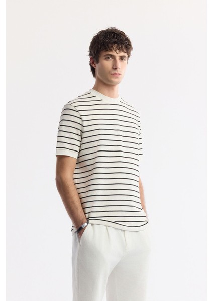 Erkek Beyaz Regular Fit Bisiklet Yaka Çizgili Jakarlı Ribana Detaylı T-shirt A51y1149