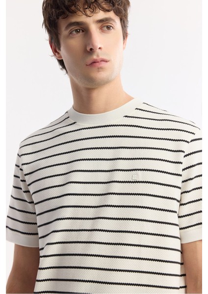 Erkek Beyaz Regular Fit Bisiklet Yaka Çizgili Jakarlı Ribana Detaylı T-shirt A51y1149 fiyatları